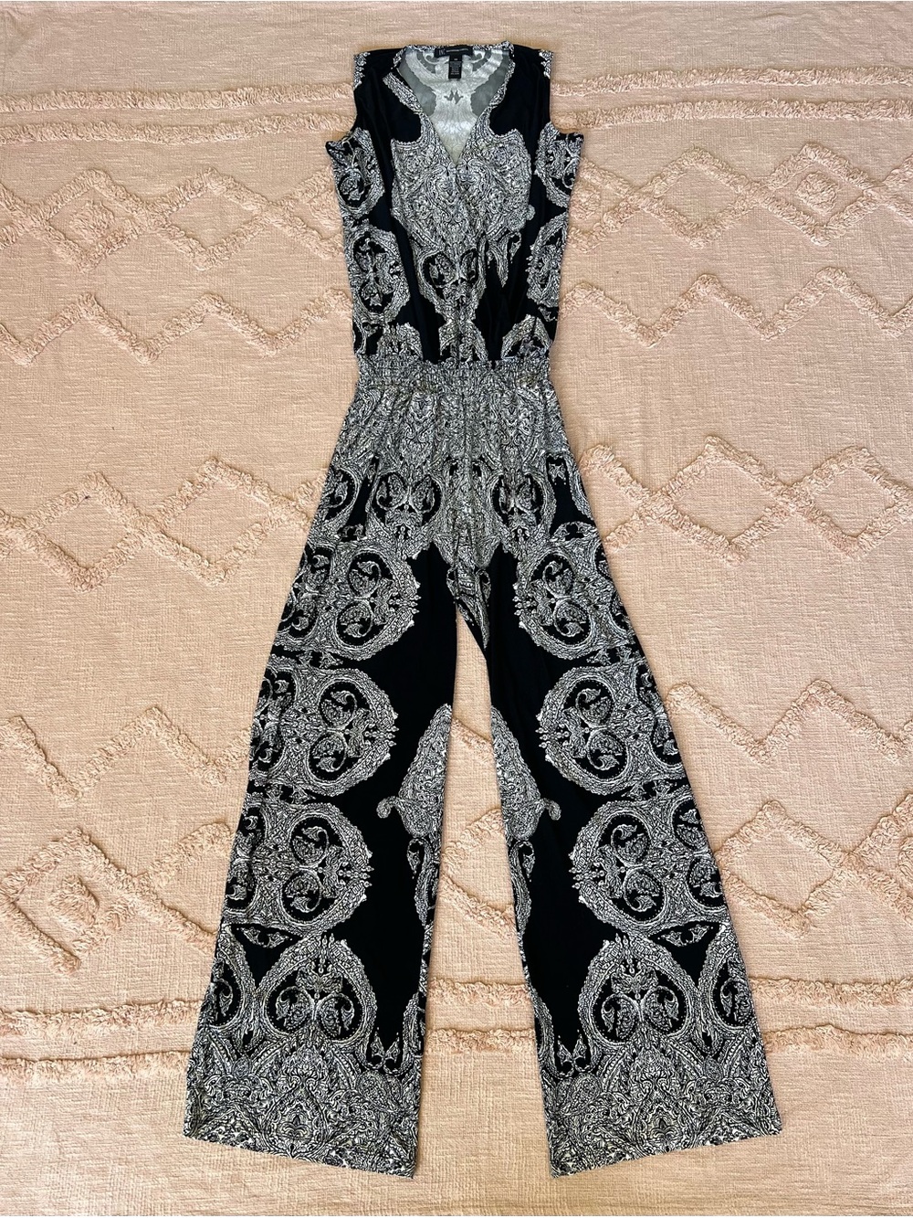 INC International Concepts Black White Damask Print Wide Leg Jumpsuit XS